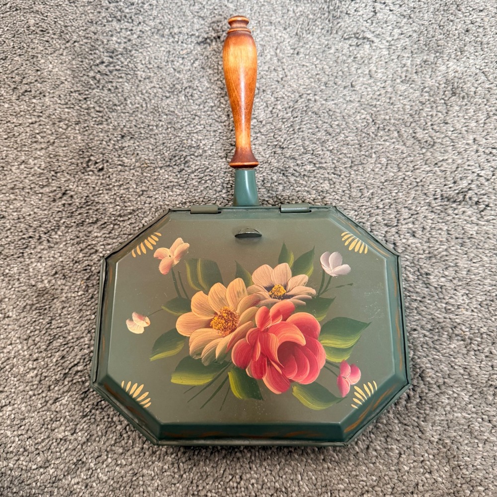 Vintage Toleware Silent Butler Crumb Catcher Green Metalโ Floral Hand Painted
